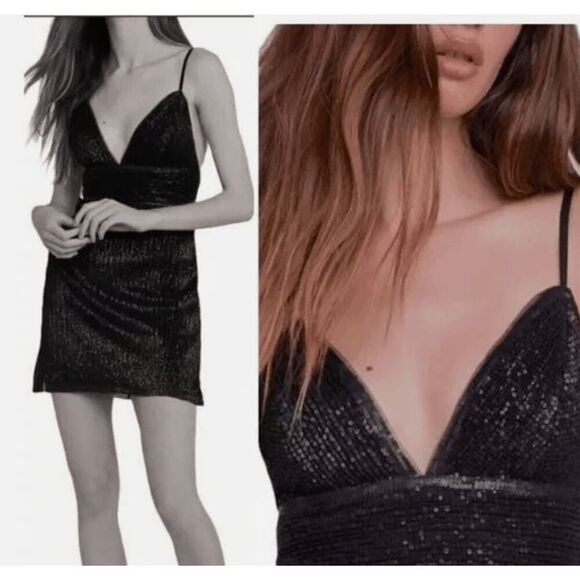 Saylor x Free People Frankie Black Sequin Mini Dress Spaghetti Straps Size Large - Picture 1 of 11